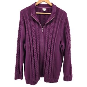 LLBean Womens 3X‎ Purple Cable Knit Full Zip Cardigan Sweater Cotton